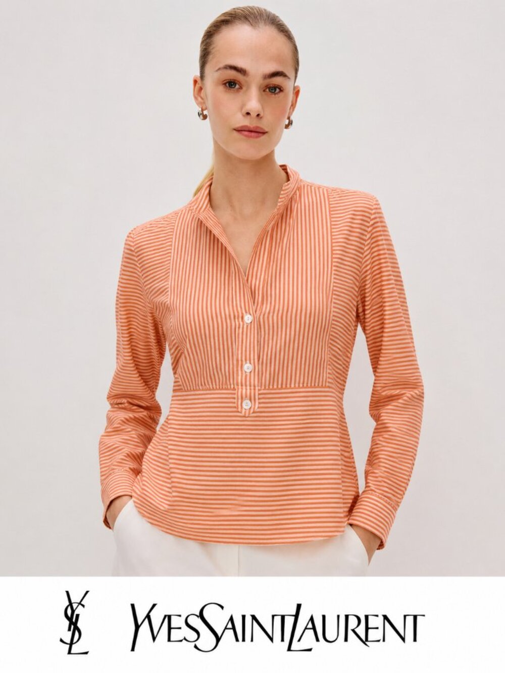 Yves Saint Laurent Orange White Striped Blouse Tailored Waist Cotton Top EU 36